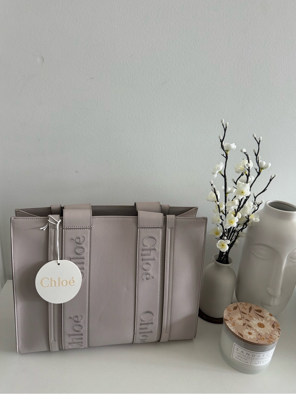 Chloé Light Taupe Leather Logo Strap Tote